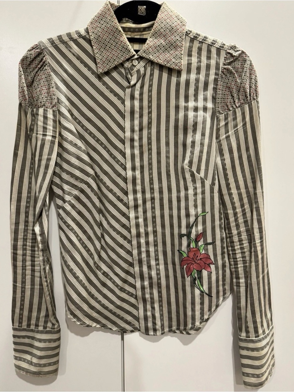 Diesel Striped Button-Up Shirt with printed Floral puff sleeve